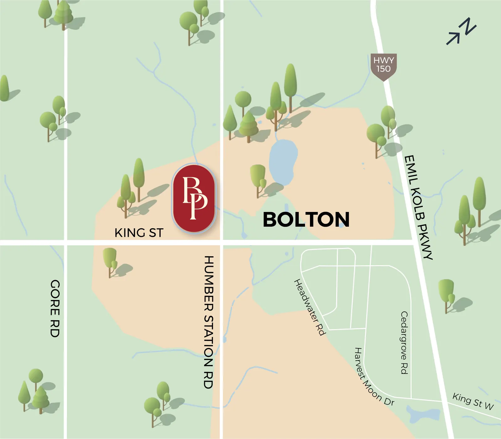 Bolton Place key map showing the community near The Gore Road and King Street in Bolton, Caledon, Ontario, west of Humber Station Road.